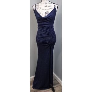 Windsor Long Maxi Dress Women's S Navy Glitter High Thigh Slit Ruched Cross Back